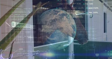 Displaying translucent Earth globe hovering over stable interior, with code 写真素材