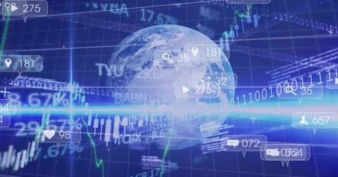 Displaying translucent Earth globe linking market data on blue grid, with Illustrazione stock