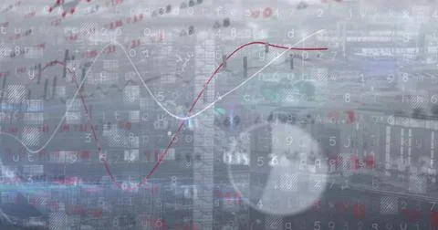 Displaying translucent eye merging with analytics HUD at hub, showing red wav Stock Photos