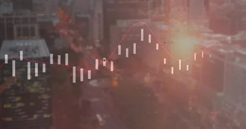 Displaying translucent finance chart showing candlesticks and red trend line Stock Photos