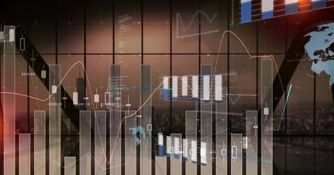 Displaying translucent finance HUD over high-rise glass at dusk, with Ilustração Stock