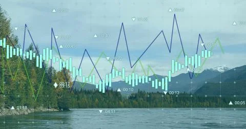 Displaying translucent financial data overlay across mountain lake scene, with Stock Photos