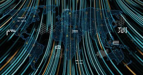 Displaying translucent global map on dark data dashboard, showing flowing dat Stock Illustration