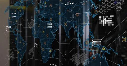Displaying translucent global network map across glass panel in server room, Stock Photos