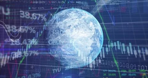 Displaying translucent globe hovering over finance grid, with candlesticks, l Illustrazione stock