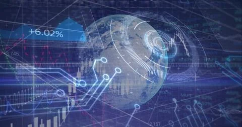 Displaying translucent globe hovering over virtual dashboard, showing Ilustração Stock