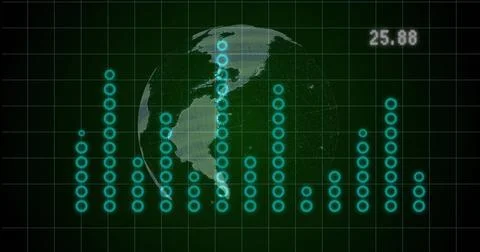 Displaying translucent globe left in data screen with green grid, cyan bars,  스톡 일러스트