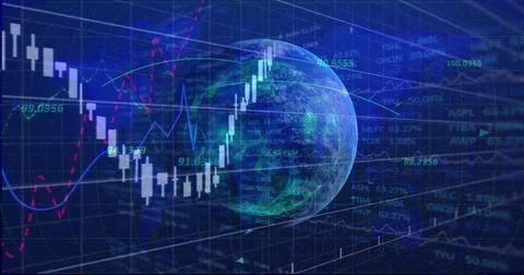 Displaying translucent globe merging with candlestick bars and lines, numeric Stock Illustration