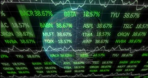 Displaying translucent globe with mesh floating on trading dashboard, showing Illustrazione stock