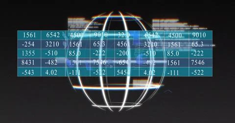 Displaying translucent globe rotating on screen, with teal-blue matrix and Stock Photos