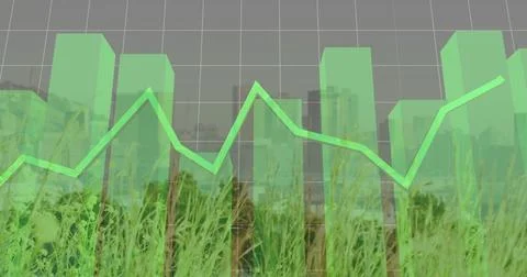 Displaying translucent green 3D bar chart with neon line over grassy foreground, Stock Photos