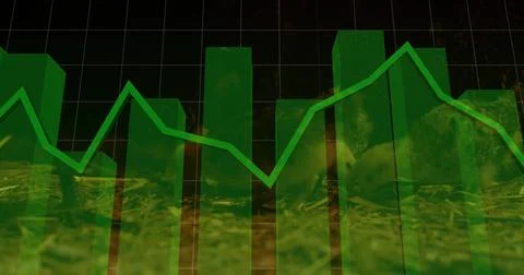 Displaying translucent green 3D bars on dark grid chart, showing bright polyl Stock Illustration