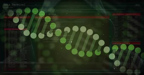 Displaying translucent green DNA helix across terminal UI with code panels, Data 스톡 사진