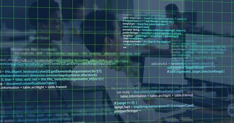 Displaying translucent green grid at center of virtual scene, showing code text 스톡 사진