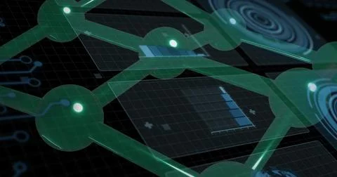Displaying translucent green node-lattice over data grid, with nodes, tubular 스톡 사진