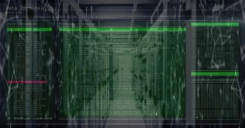 Displaying translucent green terminal overlay showing scrolling code and hex  Stock Photos