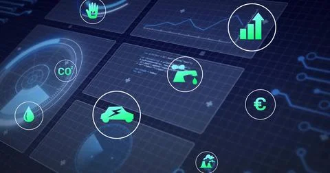 Displaying translucent holographic panels on dark blue grid, with environmental Stock Illustration