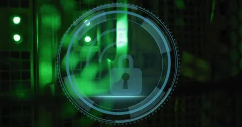 Displaying translucent HUD with concentric rings, arcs and padlock hovering over Stock Illustration