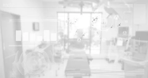 Displaying translucent HUD elements hovering above examination table in lab Illustrazione stock