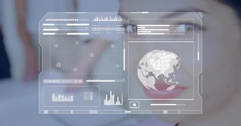 Displaying translucent HUD floating over clinical room, showing dotted globe and Fotos de archivo