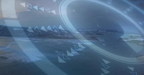 Displaying translucent HUD overlay showing rings, arrows and grid over coastal Stock Illustration
