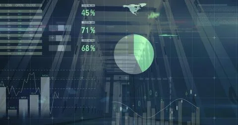 Displaying translucent HUD overlay showing analytics in data center aisle with Stock Photos