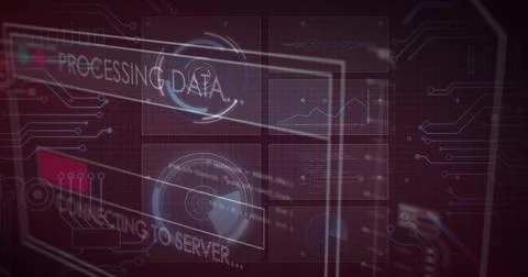 Displaying translucent HUD panel showing four data tiles on virtual network 스톡 사진