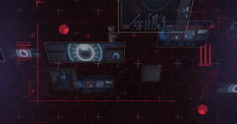 Displaying translucent HUD panels, central gauge, waveform chart, plus markers Stock Illustration