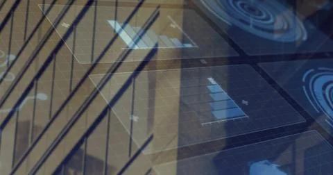 Displaying translucent HUD panels over glass window mullions, with grid overlays 스톡 사진