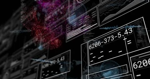 Displaying translucent HUD panels receding at right in dark space, showing Foto stock