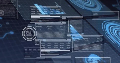 Displaying translucent HUD panels showing numeric readouts, radar rings, glob Foto stock