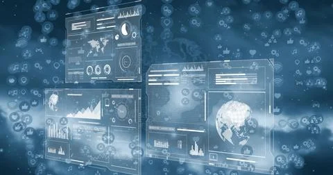 Displaying translucent HUD panels in virtual workspace, featuring pixel globe, イラスト素材