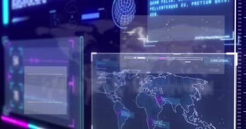 Displaying translucent HUD showing world map with neon markers progress bars Stock Illustration