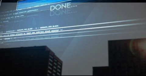 Displaying translucent HUD-style overlay over skyline at dusk, showing DONE.. Stock Photos