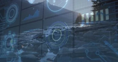 Displaying translucent interface overlay over rocky shoreline at sunset, with Fotos Stock