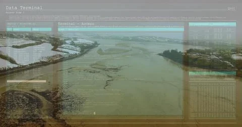 Displaying translucent interface overlaying estuary mudflats, with code window 写真素材