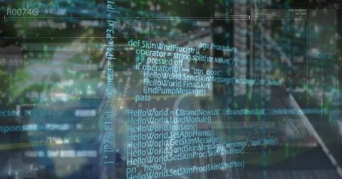 Displaying translucent interface showing code over night street, with blurred Foto stock