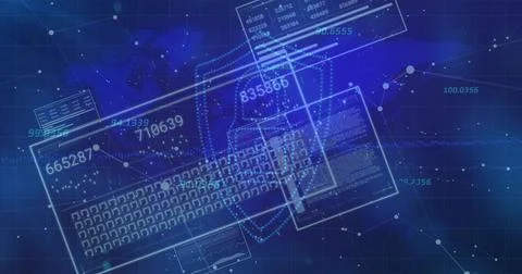 Displaying translucent keyboard blueprint over network map, with data panels, Stock Illustration
