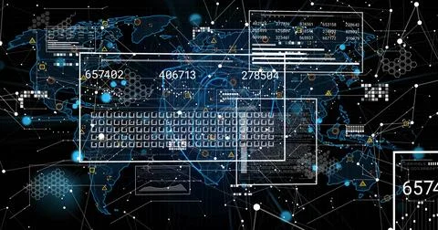 Displaying translucent keyboard floating over network interface, with world map Illustrazione stock
