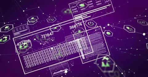 Displaying translucent keyboard panel floating over purple network with stats, 스톡 일러스트