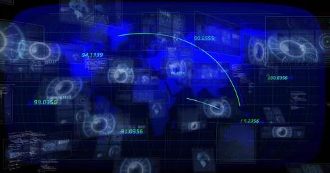 Displaying translucent map and HUD panels in control room with trajectory arcs Stockillustratie