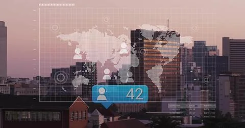 Displaying translucent map HUD covering cityscape at dusk, showing blue 42 badge 스톡 사진