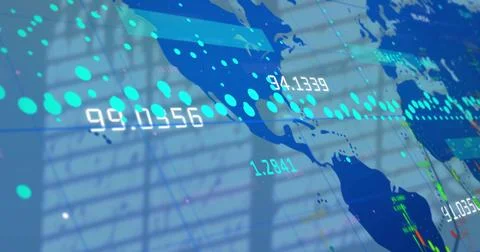 Displaying translucent map overlay at office screen, with dotted data points and Stock Photos