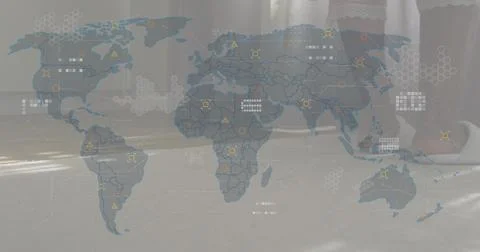 Displaying translucent map overlay over domestic room, showing data markers, Stock Photos