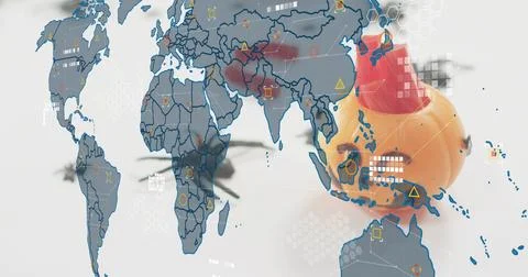 Displaying translucent map overlay showing red Central-Asia heatmap in studio, Foto stock