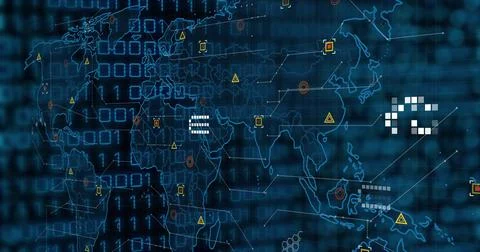 Displaying translucent map overlaying binary code on dashboard showing warning Stock Photos