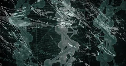 Displaying translucent molecular chain floating in digital lab environment, with Stockillustratie