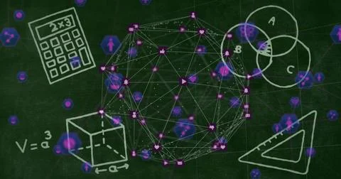 Displaying translucent network graph with social media icons in classroom with Stock Illustration