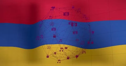 Displaying translucent network sphere hovering over wrinkled tricolor fabric in Stock Illustration