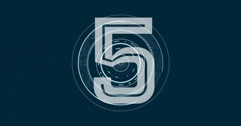 Displaying translucent numeral 5 over circular tech emblem on deep teal field Stock Illustration